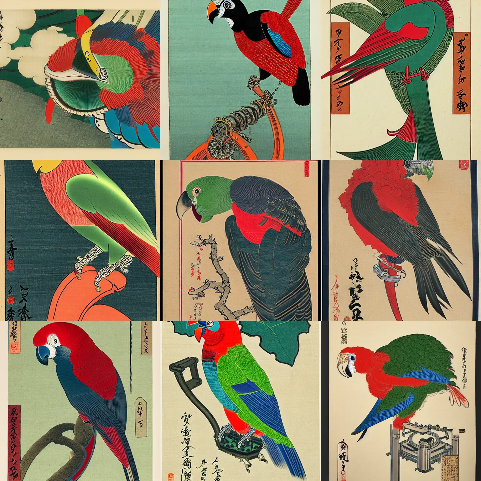 Prompt: A highly detailed ukiyo-e print of a mechanical parrot.