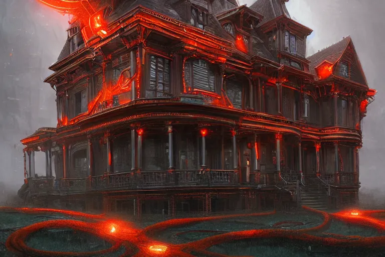 Prompt: A Victorian House of The Void made of eyeballs and tentacles, Red and Orange colored, 4k, masterpiece, cinematic, glowing, by Greg Rutkowski, Trending on Artstation, Behance. Polished, Volumetric Lighting