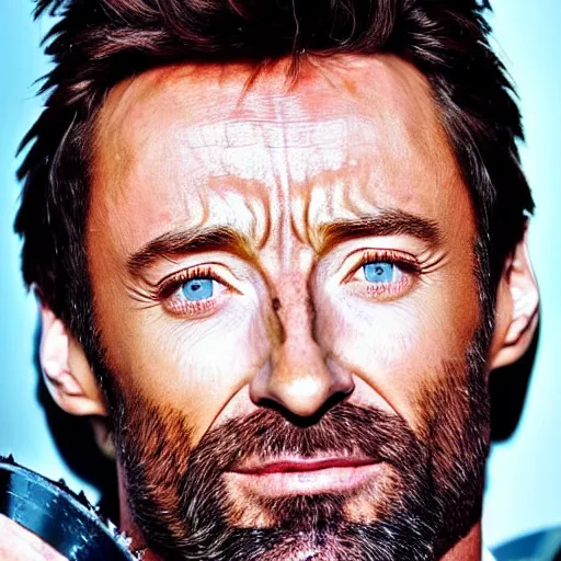 Image similar to a head and shoulders photograph of Hugh Jackman as a Zombie Wolverine Butcher, golden hour