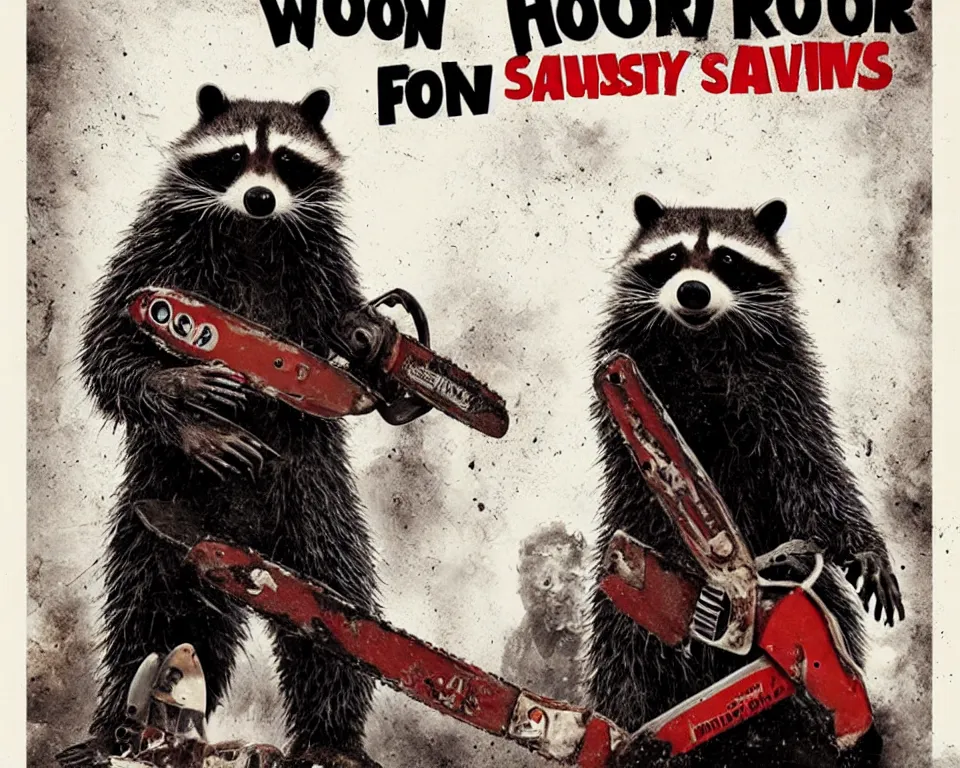 Image similar to a horror movie poster featuring a giant raccoon with a chainsaw