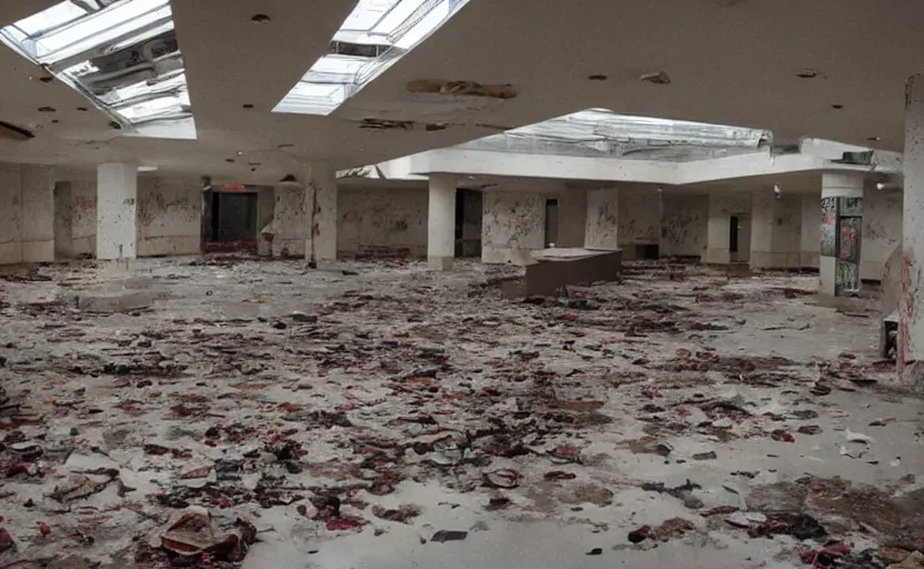 Prompt: A 1980s abandoned shopping mall filled with hoards of zombies, cinematic