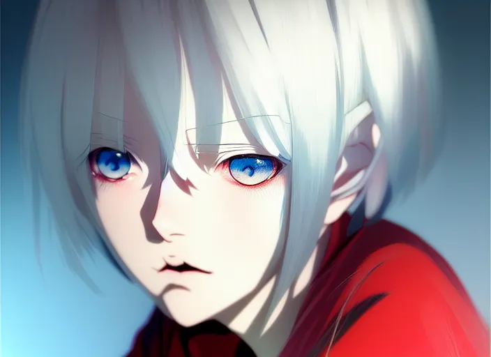 Image similar to anime visual, portrait of a white haired red eyed young girl in dark room, by ilya kuvshinov, yoshinari yoh, makoto shinkai, katsura masakazu, dynamic perspective pose, detailed facial features, kyoani, rounded eyes, crisp and sharp, cel shad, anime poster, ambient light