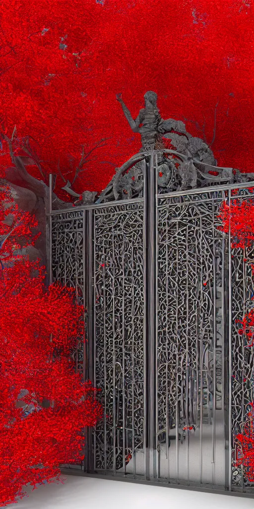 Image similar to 3 d photographic render of an ancient gate sculpture with red sakura flowers made of chrome, chrometype, made of liquid metal, neotribal with metallic thorns and thunders, raytracing, hyper realistic, volumetric lightning, 8 k, by zhelong xu and ouchh studio