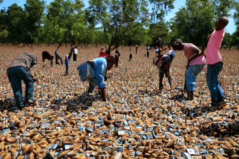 Image similar to sugondese people sorting a giant pile of compact discs within a tree nut field