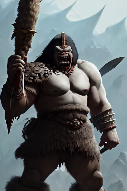 Image similar to orc barbarian wearing leather armor, full body shot, exquisite details, earth magic, mid view, design on a white background, by studio muti, greg rutkowski, makoto shinkai, takashi takeuchi, studio ghibli