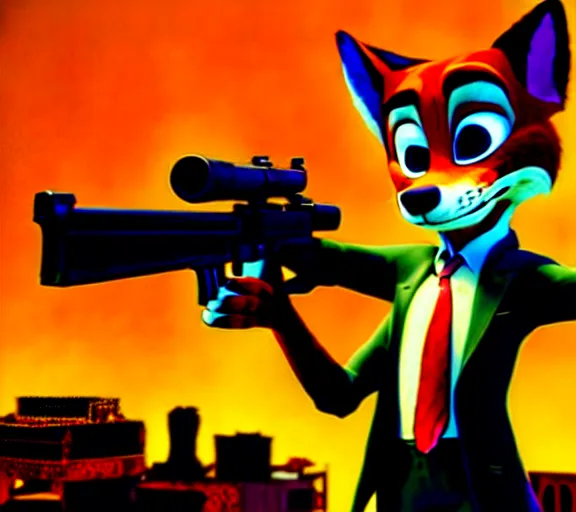 Image similar to nick wilde as max payne in max payne 3 set in gritty neo - noir zootopia, favela level