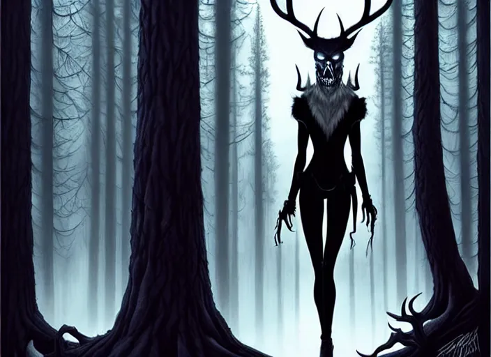 Image similar to style artgerm, joshua middleton, diego fazio, gerald brom : : scary wendigo with antlers and skull face mixed with werewolf : : [ beautiful witch wearing a black dress, symmetrical face, on the right side ] : : in the forest, detailed, dark and foggy, cinematic lighting