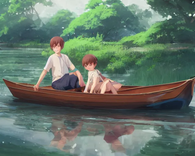 Image similar to a boy and a girl sitting together in a boat on a streams. Trees. By Makoto Shinkai, Stanley Artgerm Lau, WLOP, Rossdraws, James Jean, Andrei Riabovitchev, Marc Simonetti, krenz cushart, Sakimichan, trending on ArtStation, digital art.