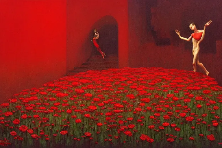 Image similar to only with red, a red expanse of flowers of different types, castle, goblins dance over the flowers in the style of beksinski, parts by edward hopper, parts by rodcenko, parts by yue minjun, intricate and epic composition, red by caravaggio, insanely quality, highly detailed, masterpiece, red light, artstation, 4 k