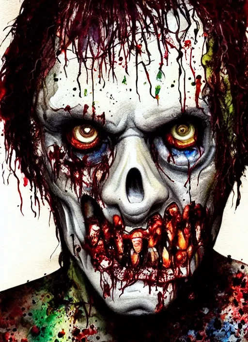 Image similar to zombie hollywood professional acting headshot, hyperrealism, david dennis, magazine cover person, intricate detailed, studio lighting, charming expression gesicht, hauntingly beautiful zombie, watercolor art, epic, legendary, drawn and painted, colored layers, dulled contrast, exquisite fine art, splatterpaint