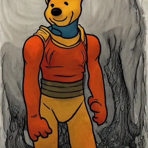 Prompt: a Painting of Winnie the Pooh as a titan from attack on titan in the style of Giger H R