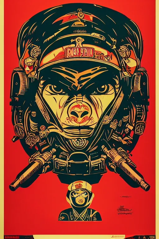 Prompt: monkey face tattoo propaganda screen printing poster, art style wwii posters, jean giraud moebius comic art, sachin teng, shepard fairey, obey, street art, iconic, masterpiece, organic painting, hard edges, ornate and hyper detailed