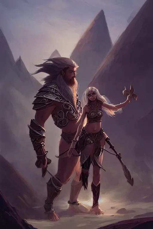 Image similar to a small triton girl wearing scale armor riding on a the shoulders of a large male goliath wearing fur and leather armor, dnd concept art, painting by ross tran and WLOP