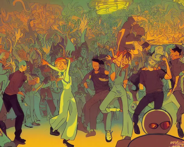 Image similar to a study of cell shaded cartoon of fairies raving in a nightclub, illustration, wide shot, subtle colors, post grunge, concept art by josan gonzales and wlop, by james jean, Victo ngai, David Rubín, Mike Mignola, Laurie Greasley, highly detailed, sharp focus, alien, Trending on Artstation, HQ, deviantart, art by artgem