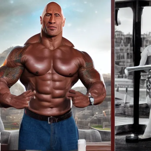 Image similar to Dwayne Johnson flexing his muscels in front of the queen of england in a bar, full body, photorealistic, 4k