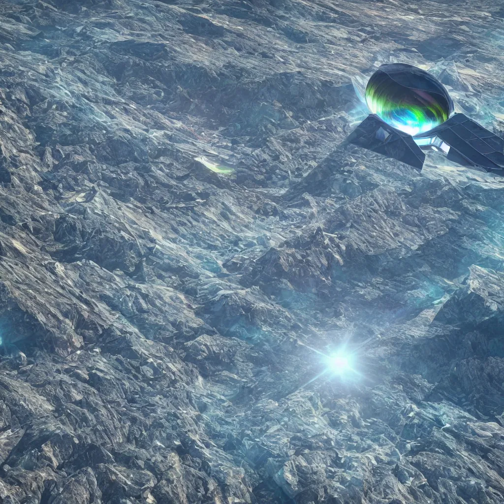 Image similar to biological alien spacecraft mothership flying across a mountainous alien landscape inspecting floating sun crystals, refraction, reflections, chromatic aberration, light scatter, ray tracing, dramatic sci-fi movie still, birds eye view, long shot, high contrast