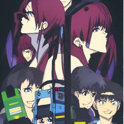 Prompt: old vhs tape of an anime about a group of vampiric robots hunting down humans to use as power sources, nongraphic, cover art