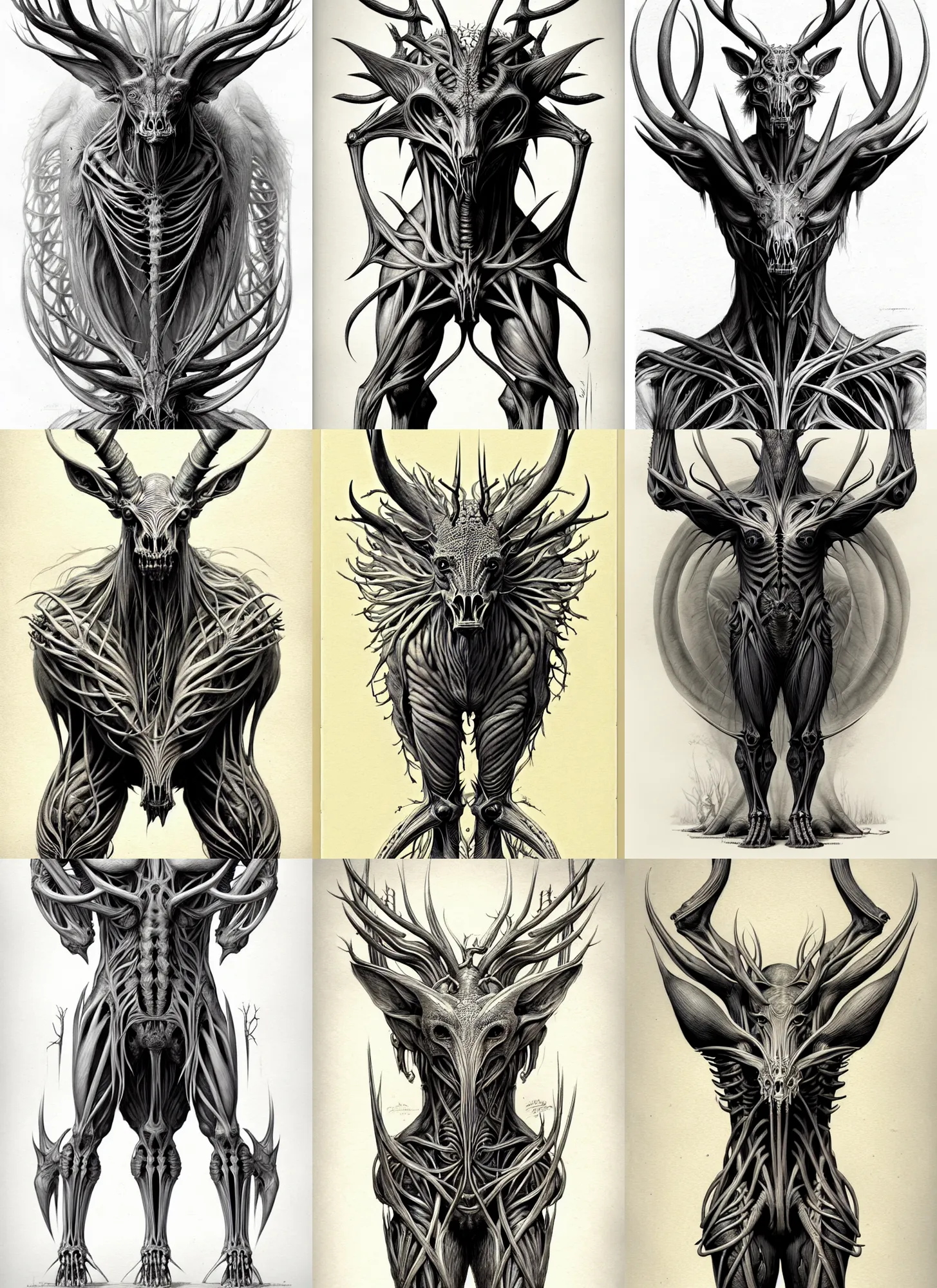 Prompt: a incredible symmetrical concept design, anatomical, a full body portrait of a mythical creature by jean - baptiste monge, concept design, page scan of concept art, illustration, symmetry, desaturated, 8 k matte, concept art, detailed