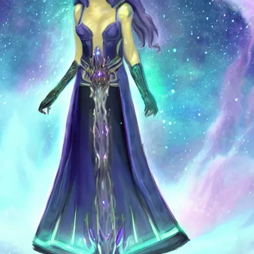 Prompt: character concept art of an astromancer wearing a beautiful cascading nebula gown