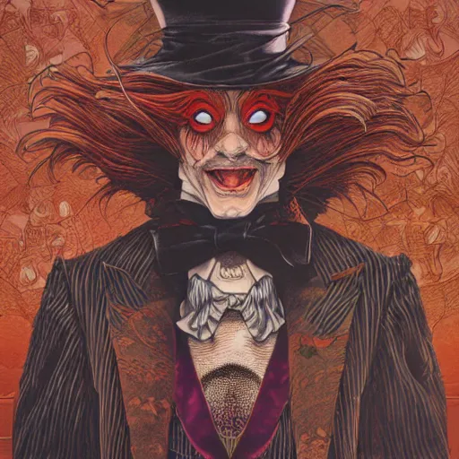 Prompt: portrait of the mad hatter, symmetrical, by yoichi hatakenaka, masamune shirow, josan gonzales and dan mumford, ayami kojima, takato yamamoto, barclay shaw, karol bak, yukito kishiro, beksinski