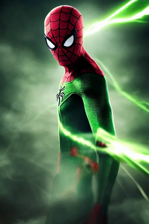 Image similar to green spider-man, character poster, dramatic lighting, atmospheric dust, red lens flare