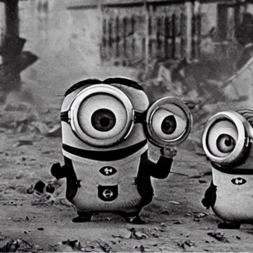 Prompt: a lost footage of minions in ww 2