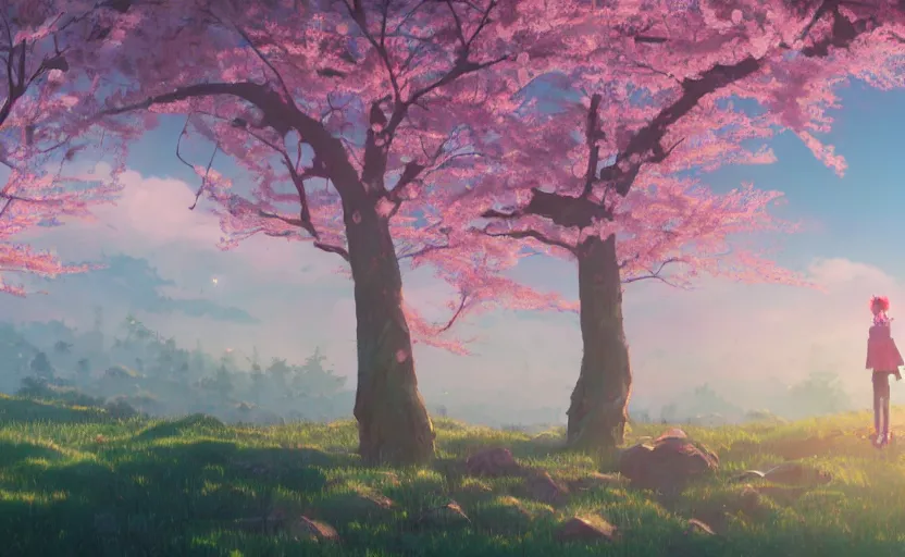Prompt: cherry blossoms in the hills, Low level, rendered by Beeple, Makoto Shinkai, syd meade, simon stålenhag, synthwave style, digital art, unreal engine, WLOP, trending on artstation, 4K UHD image, octane render,