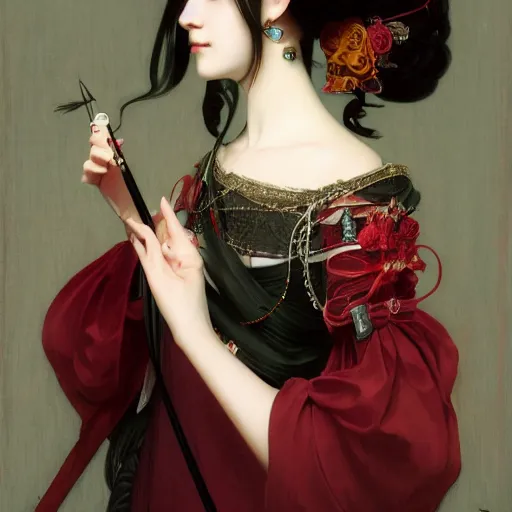 Image similar to a beautiful portrait of hatsune miku with long black and deep red colored hair dressed as a 1 6 th century european noblewoman, intricate, elegant, highly detailed, digital painting, artstation, concept art, matte, sharp focus, illustration, art by greg rutkowski and alphonse mucha