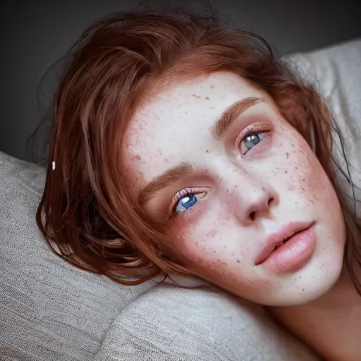 Image similar to portrait of a cute thin young woman, red blush, cute freckles wearing casual clothes, small smile, relaxing on a couch, cozy living room, close up shot, 8 k, art by diego fazio and irakli nadar, hyperrealism, hyperdetailed, ultra realistic