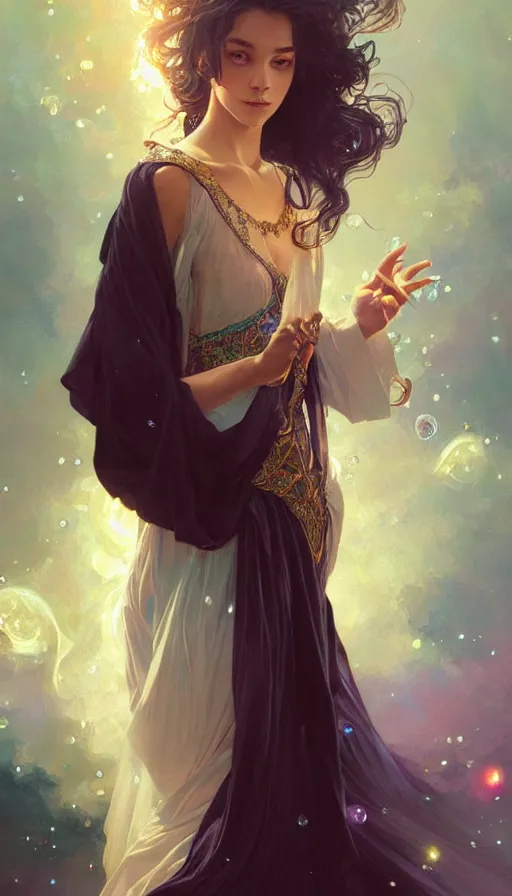 Image similar to portrait of magical wizard, dreamy and ethereal, Black eyes, peaceful expression, ornate frilly robes, fantasy, intricate, elegant, rainbow bubbles and lightning,highly detailed, digital painting, artstation, concept art, smooth, sharp focus, illustration, art by artgerm and greg rutkowski and alphonse mucha
