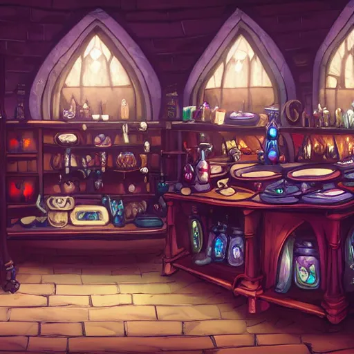 Image similar to inside a magical item shop, fantasy potion vendor interior, ufotable studio art style, wide angle, gothic interior,