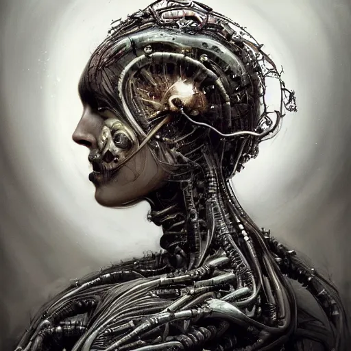 Image similar to surreal portrait of a woman by Greg Rutkowski and H.R Giger, a woman with a kind of visor in front of her eyes, transformed into a kind of biomechanical transhuman goddess, disturbing, terrifying but fascinating, cosmic void background, frightening, fascinating, highly detailed portrait, digital painting, book cover, artstation, concept art, smooth, sharp foccus ilustration, Artstation HQ.