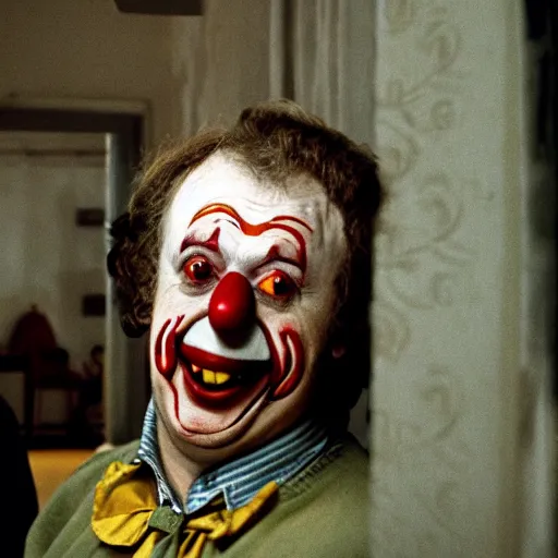 Prompt: a man as a clown in a Roy Andersson movie