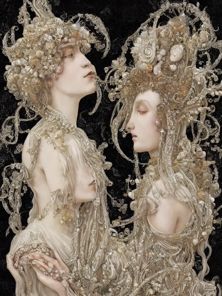 Image similar to a beautiful queen made of crystal ivory and opal, highly intricate, digital art, very detailed, in the style of a weird and dark eerie liminal art nouveau flemish painting, 8k, octane render