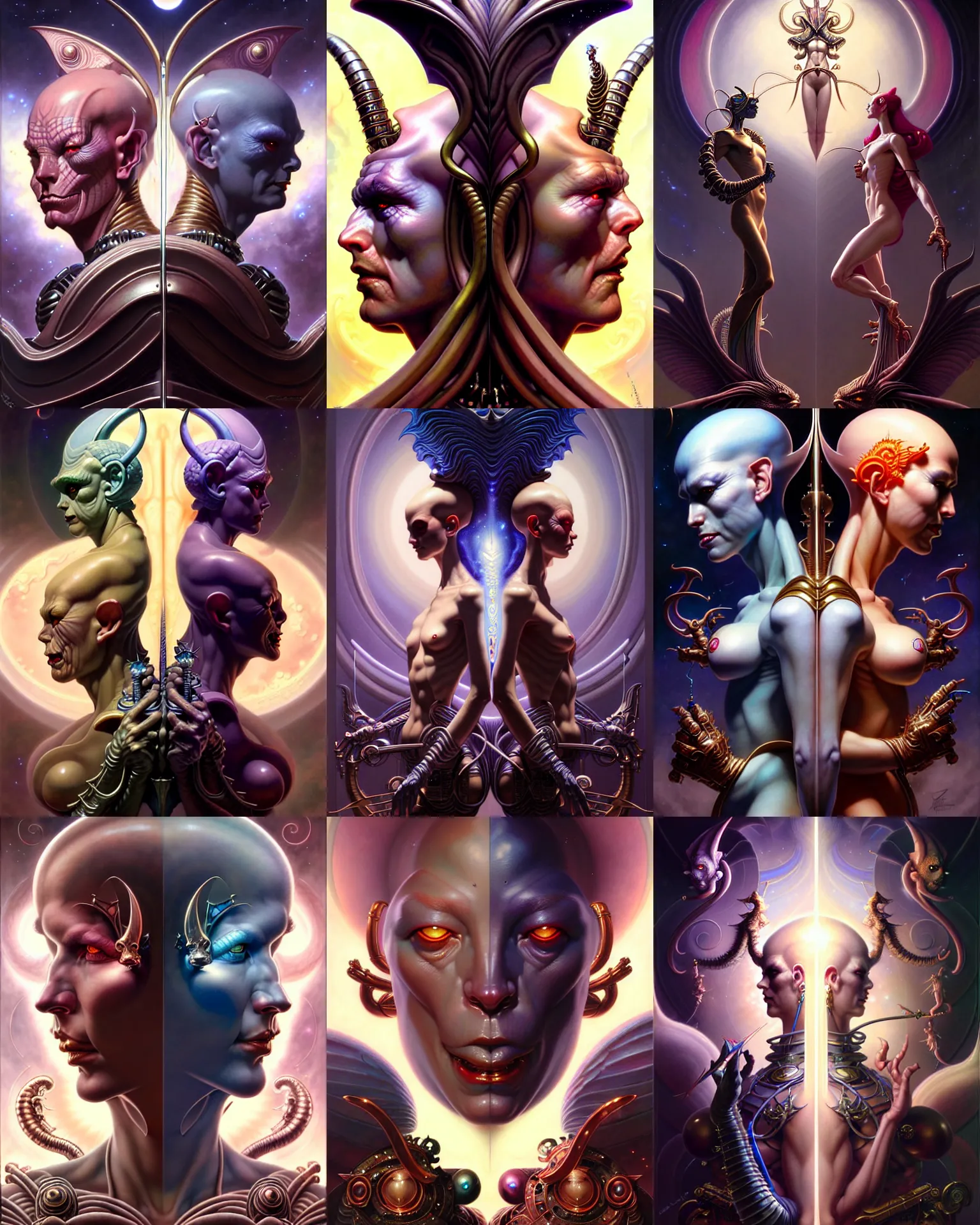 Image similar to beautiful gemini good and evil fantasy character portrait, ultra realistic, wide angle, intricate details, the fifth element artifacts, highly detailed by peter mohrbacher, hajime sorayama, wayne barlowe, boris vallejo, aaron horkey, gaston bussiere, craig mullins