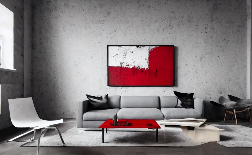 Prompt: a concrete room with a wooden table and a leather sofa and paintings on the wall, high quality, 8 k, architecture, symmetrical, harmonious, black white and red colours, calm, high coherence, natural lighting, path traced, highly detailed, hyperrealistic, concept art, octane render, unreal engine 5, trending on artstation, beautiful, elegant