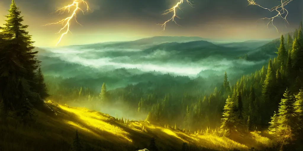 Image similar to fantastic scenery landscape from the top of the mountain, pine trees, green valleys, magic fog and lightning, epic composition, fibonacci ratio, golden ratio, fancy, incredible detailed game artwork, sharpen and ultra quality, trending, artstation, behance, wikiart, 8 k