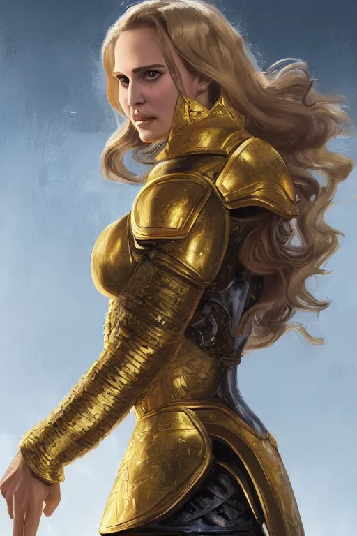 Image similar to portrait of a young natalie portman knight with blond hair wearing a golden armor with a sun symbol, fantasy, highly detailed, digital painting, artstation, concept art, illustration, art by Bayard Wu and Marc Simonetti