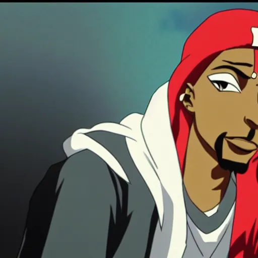 Image similar to Tupac Shakur, screenshot from a 2012s anime