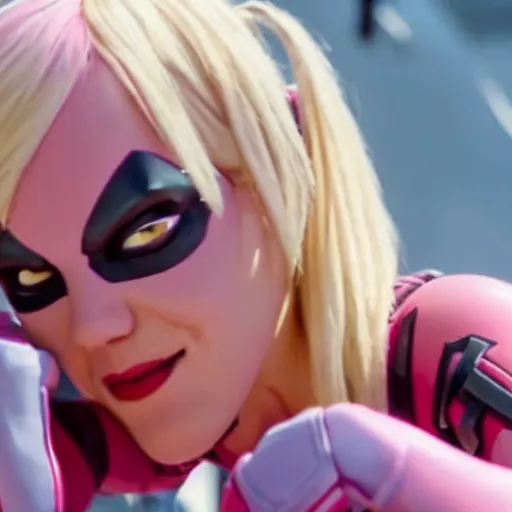 Image similar to A still of Gwenpool in Deadpool 3 (2023), blonde hair with pink highlights, no mask, looking directly at the camera