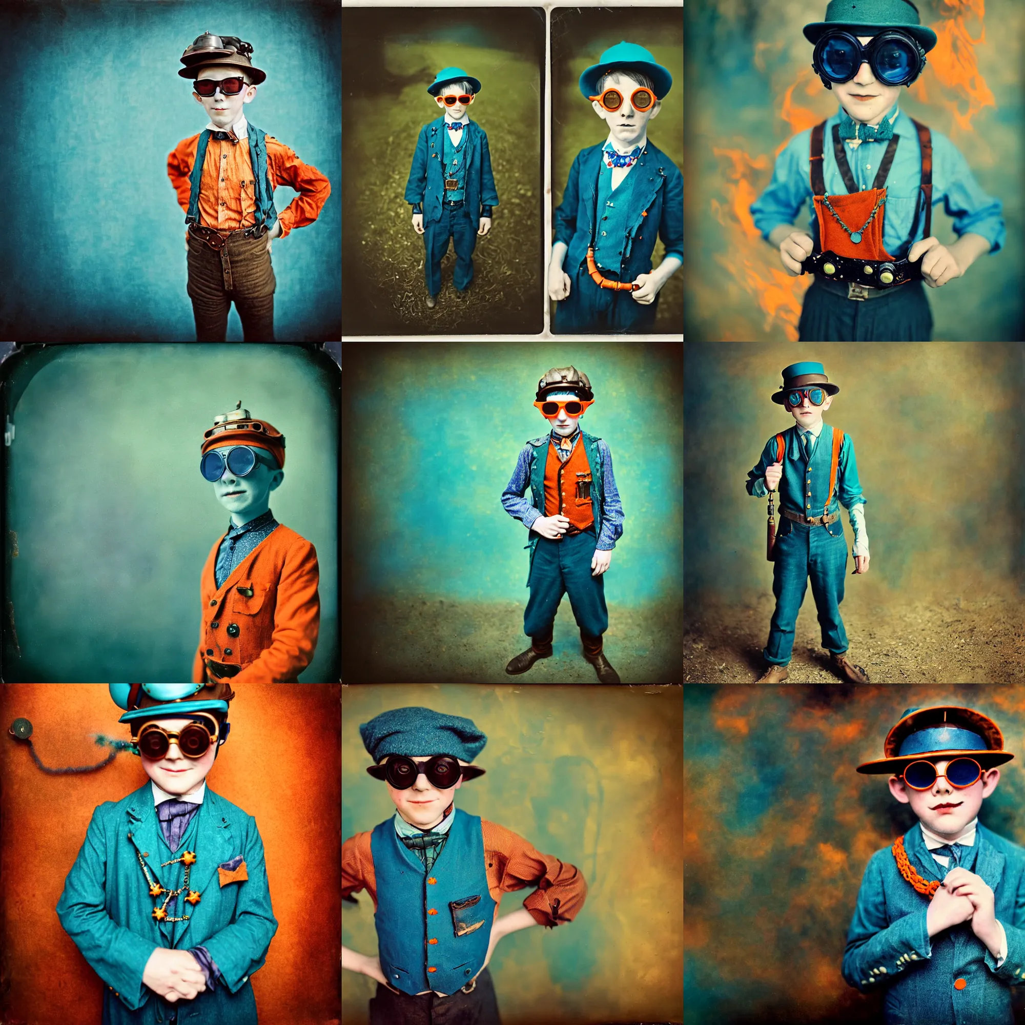 Prompt: kodak portra 4 0 0, wetplate, motion blur, portrait photo of 8 year old steampunk boy in 1 9 2 0 s in hell fire, wearing a blue berries, 1 9 2 0 s cloth style, 1 9 2 0 s hairstyle, coloured in teal and orange, funny sunglasses, by britt marling, sparkle storm
