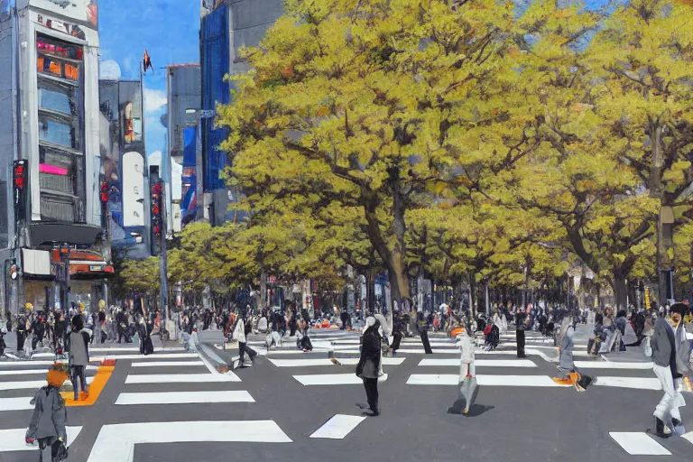 Prompt: beautiful Shibuya crosswalk by Vincent Di Fate, rule of thirds, highly detailed, sakura trees, beautiful, sharp focus