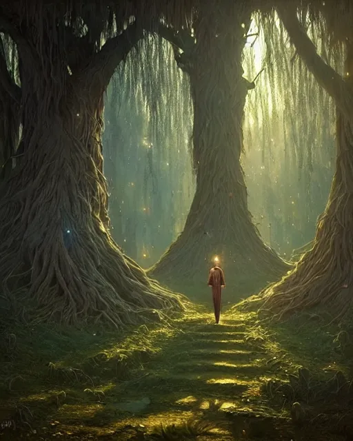 Image similar to highly detailed surreal vfx portrait of a cursed crown in a shadowy forest by a willow tree, stephen bliss, unreal engine, greg rutkowski, loish, rhads, beeple, makoto shinkai and lois van baarle, ilya kuvshinov, rossdraws, tom bagshaw, alphonse mucha, global illumination, detailed and intricate environment