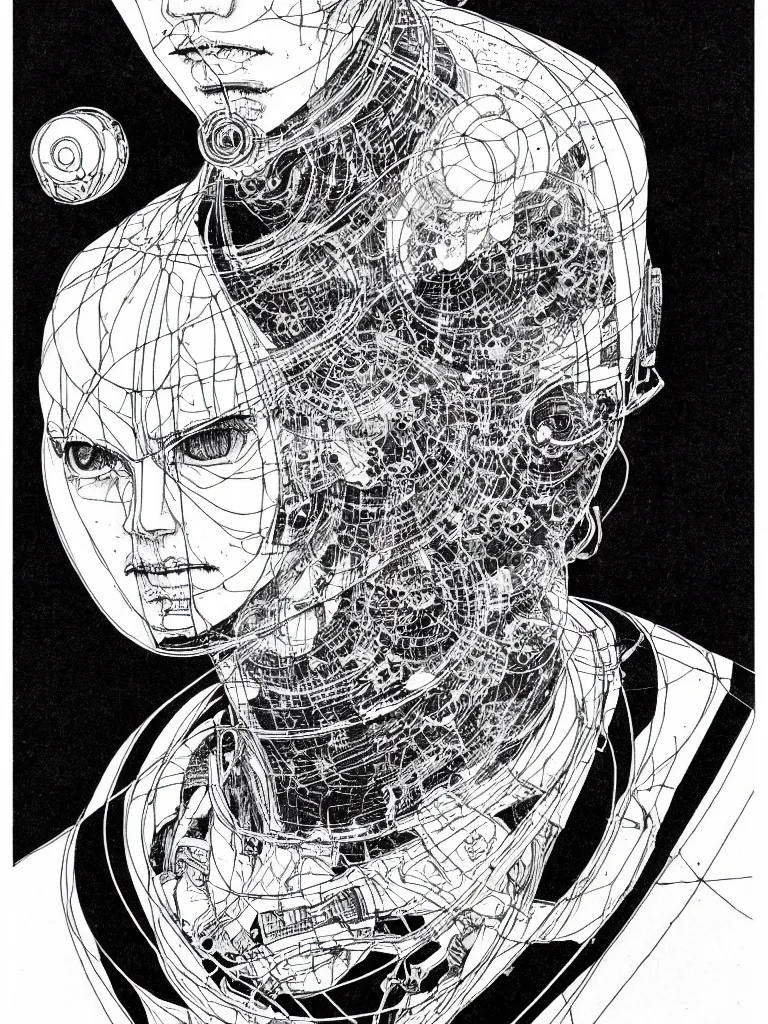 Prompt: prompt: Fragile looking portrait, portrait face drawn by Katsuhiro Otomo, inspired by alchemical artifacts and mysterious entities, cyborg and wire details, clean ink detailed line drawing, intricate detail, manga 1990