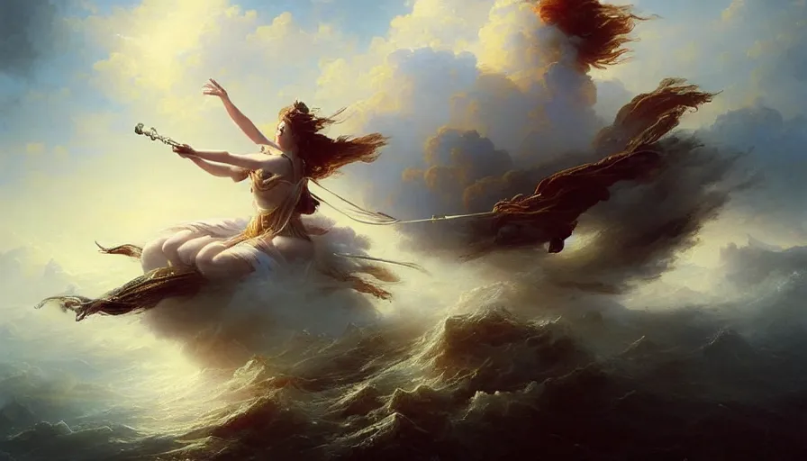 Image similar to 8 k art photography shot art shot, hyperrealistic, hyperdetailed, super detailed, uhd, uhd, 8 k, high resolution, goddess of war floating over the oceans with baroque clouds, painting by ross tran and ivan aivazovsky