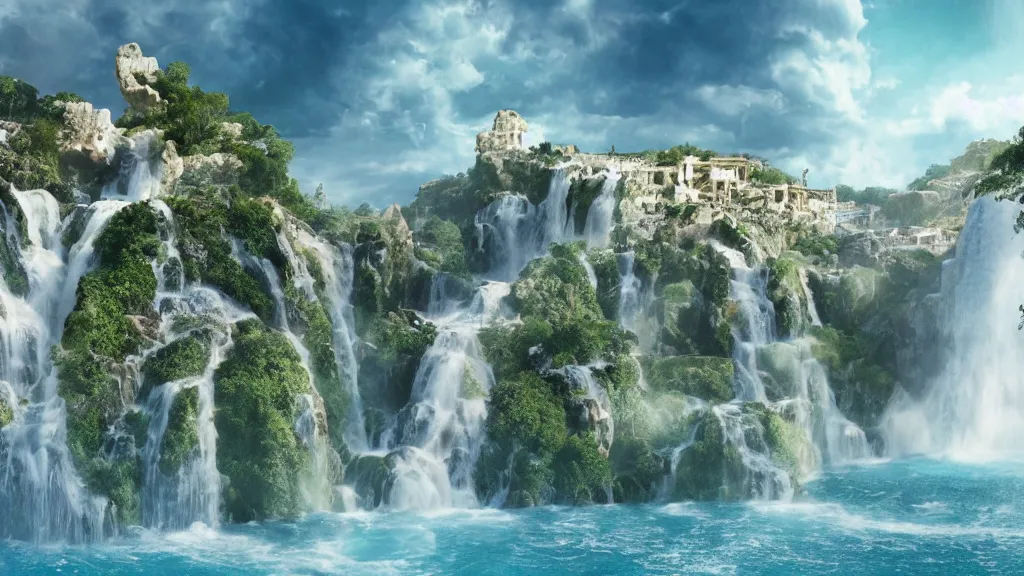 Image similar to ancient greek marble city in the clouds surrounded by a giant waterfalls, gold trimmings, clear blue water fountain, vines and blue foliage, matte painting, octane render, cinematic camera, bloom, blizzard cinematic,