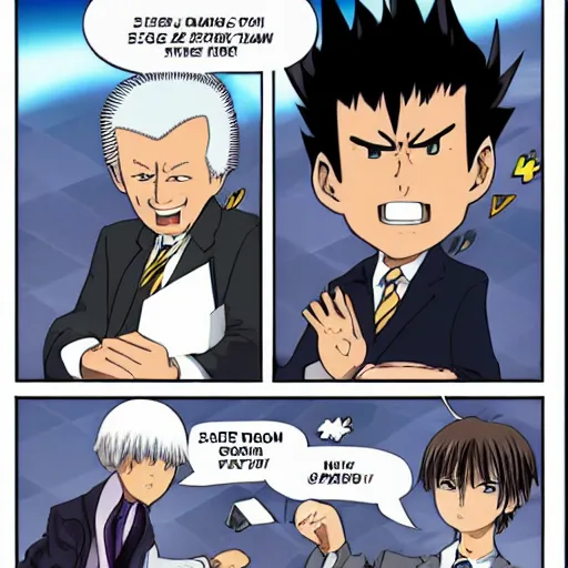 Prompt: Seto Kaiba faces off with Joe Biden, anime