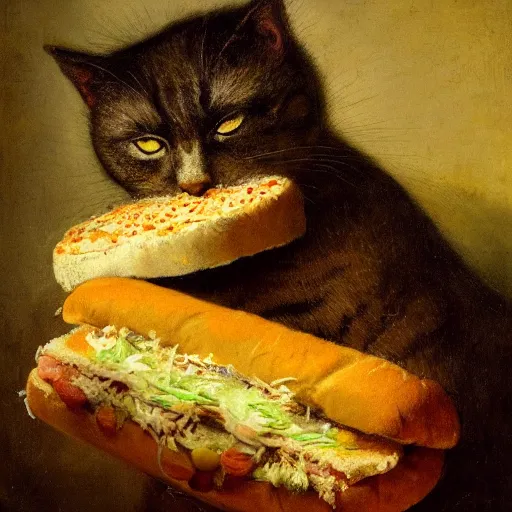 Prompt: Rembrandt painting of a cat eating a big sandwich