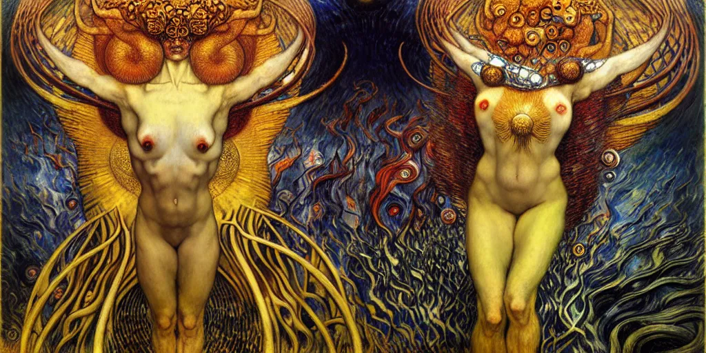 Image similar to Divine Chaos Engine by Karol Bak, Jean Delville, William Blake, Gustav Klimt, and Vincent Van Gogh, symbolist, visionary