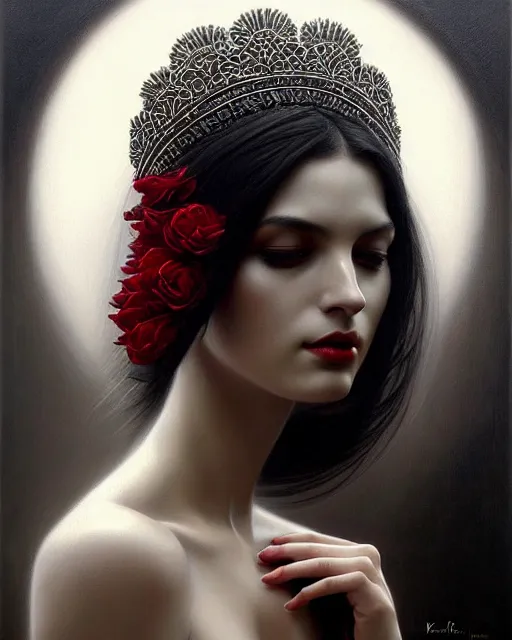 Prompt: portrait of a beautiful goddess, enigmatic beauty, dominant shades of black, silver, dark red, white, head in focus, beautiful ornamental aesthetics, intricate, elegant, highly detailed, hyperrealistiic painting, artstation, concept art, painterly, sharp focus, illustration, art by karol bak